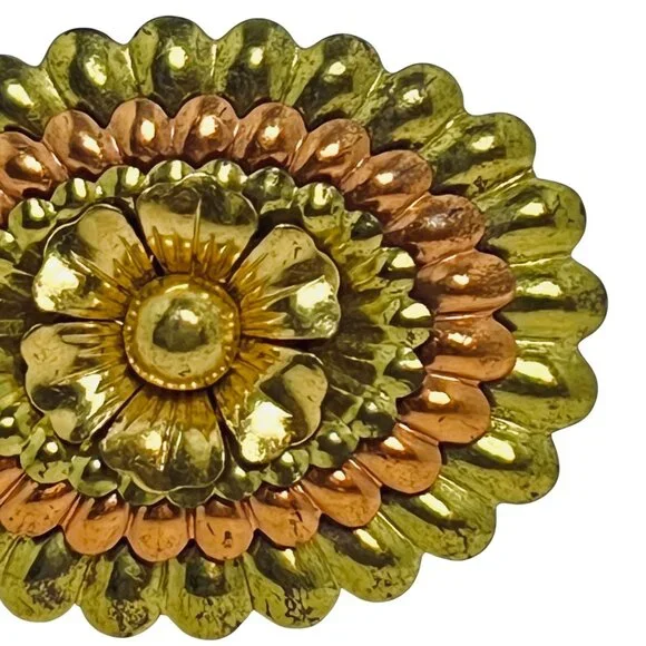 Oval Copper & Gold Tone Layered Flower Brooch With Pin Clasp (5734) - Picture 3 of 7